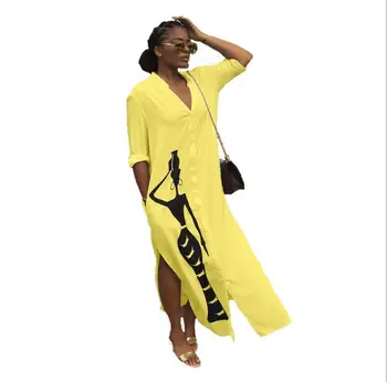 1L042 Poletje Jesen Ženske obleke Seksi Stranke Obleke Vestidos Plus Velikost Dolg Rokav Afriki Print Maxi Dolgimi Rokavi Obleka