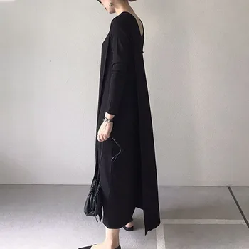 Ženske Dolge Obleke 2020 Pade Na Japonskem Slogu, Dolgi Rokavi, Črn Osnovne Puloverju Obleke Vzročno Maxi Haljo Urad Ženske Svoboden Vestidos
