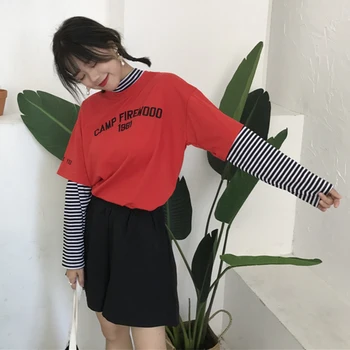 T-shirt Femme 2020 korejski Ulzzang Harajuku Prugasta Mozaik Ponaredek 2 Kos Turtleneck Dolg Rokav T-majice Tshirt Ženske Vrhovi