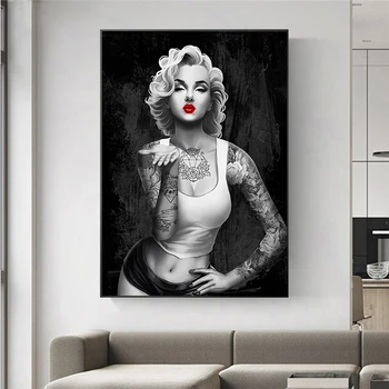 Črno Bel Marilyn Monroe Umetniško Platno Slikarstvo Portret Plakatov in Fotografij Hip Hop Tetovaže Dekle Stenskih slikah Sobi Doma Dekor