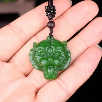 Kitajski Naravnih Tiger Vodja Green Jade Ogrlico, Obesek, Ročno izrezljano Čar Jadeit Nakit Modni Amulet Darila za Moške