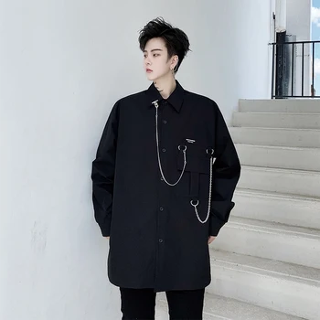 Moški Ulične Hip Hop Japonska Koreja Slog Ohlapno Črno Obleko Srajce Moške Verige Obesek Priložnostne Long Sleeve Majica