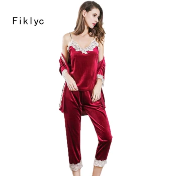 Fiklyc blagovne znamke jeseni ženski treh kosov pižamo določa fashion lace cvetlični žamet visoke kakovosti spalne srajce kopalni plašč + pižame sprejemnikov