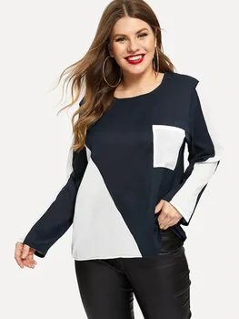 Plus velikost 2021 Poletje Bluzo Vroče prodaje O-Vratu Mozaik Priložnostne Šifon Žepi 5XL XXXXL vrhovi Rokavi ženske bluze moda vrh
