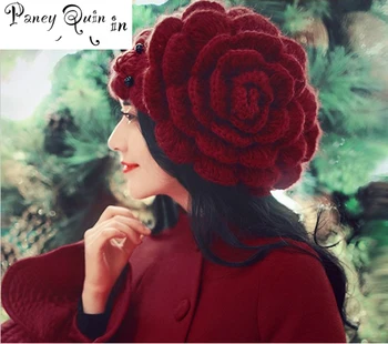 Sladko ženske pozimi klobuk Beanies velikih cvetov Kroglice Kape Lady Pokrivala Beanies Ženske Pletene Kape gorros mujer invierno