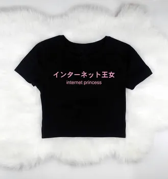 Skuggnas Internet Princesa obreži zgoraj majica črna ali bela kawaii pastelnih majica s kratkimi rokavi ženske trending majica Kratek Rokav Moda Vrh