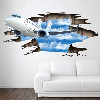 Modro nebo 3D letalo Zdrobljen stenske nalepke, Dnevna soba, kopalnica, dekoracijo decals doma dekor zrakoplova Zdrobljen Talne nalepke