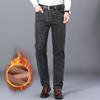 2020 Pozimi Novih Moških Debel Toplo Sive Jeans Klasični Slog, Business Casual Redno Fit Elastičnost Traper Hlače Hlače Moški