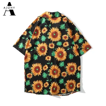Sončnično Cvet Tiskanja Hip Hop Moške Majice Kratek Rokav Poletje Plaža Ulične Havajske Srajce Moške Priložnostne Harajuku Majica za Moške