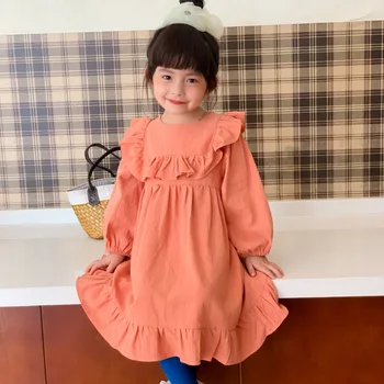2020 Jeseni Novo Otrok Long Sleeve Solid Color Bombaž Moda Obleko Baby Otroci Luštna Dekleta Ruched Princesa Obleko Malčka Oblačila