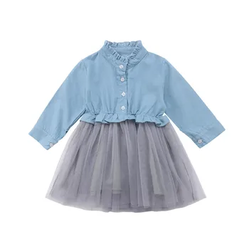 Jesen Pomlad Srčkan Fant Baby Girl Oblačenja Priložnostne Dolg Rokav Denim Tutu Til Princesa Stranka Obleko 1-6Y