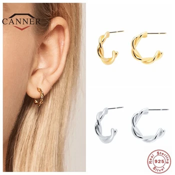 CANNER Pravi 925 Sterling Srebro Preprosto Tkani Twist C tip Stud Uhani Za Ženske Piercing Uhan Earings Nakit Pendientes