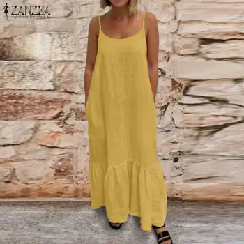 Ženske Ruffle Sundress ZANZEA 2021 Seksi Plaža Obleko Maxi Priložnostne Špageti Trak Poletje Vestidos Plus Velikost Trdnih Haljo Femme