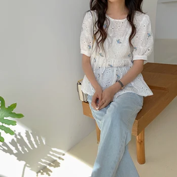 Tujec Kitty Votlih Iz Vezenino Rokavi Ženske 2020 Novo Poletje Korejskem Slogu Elegantno Bluze Za Ženske Kratek Rokav Vrhovi Blusa