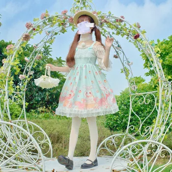 Novo Harajuku Kawaii Cosplay Obleko Elegantno Šivanje Čipke Sanje Obleko Ženski Zajec Tiskanja Lolita Off Ramenski Obleke Ženske