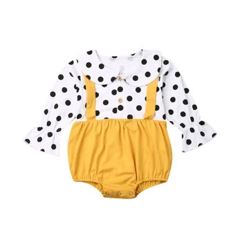 Baby Dekle Srčkan Romper iztrgana Oblačila Spring Style Polka Dot Trobenta Sleeve Majica Rumeni Trak iz Enega kosa Obleke Jumpsuit