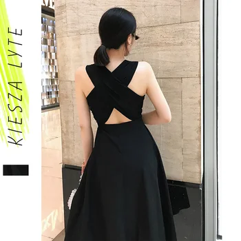 Ženske Poletne Seksi Obleko Elegantno Hepburn Slog Black brez Rokavov Nazaj Križ Midi Črto Stranke Obleke 2021New Moda Vestidos