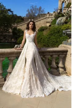 2020 Letnik francoščina Stilsko 2 v 1 Poročnih Oblek Haljo De Mariee Občutljivo Vezene s Til Snemljiv Vlak Poroko Dresss