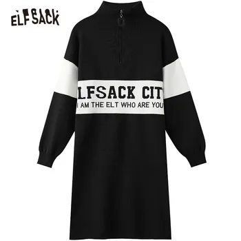 ELFSACK Colorblock Pismo Jacquardske Priložnostne Plesti Vintage Obleke Ženske,2020 Zimske ELF Poln Rokav Zadrgo korejski Dame Oblačenja