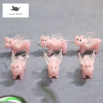 6pcs Dekorativne Figurice Miniaturni Murano Stekla Roza Flying Pig Okraski Doma Dekor Dodatki, Ročno Srčkan Živali Obeski