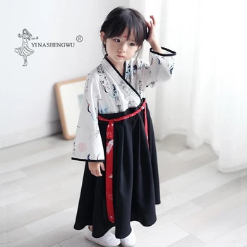 Novo Dekle Obleko Otroci Hanfu Cvet Kostum Baby Vrhovi Krilo Žerjav Natisnjeni Otroci Oblačila Kitajski Slog Dekleta Obleke, Kompleti