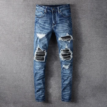 Moda Ulične Moške Jeans Visoke Kakovosti Slim Uničeno Ripped Kavbojke Moški Punk Hlače Blagovne Znamke Oblikovalec Elastična Hip Hop Kavbojke Homme