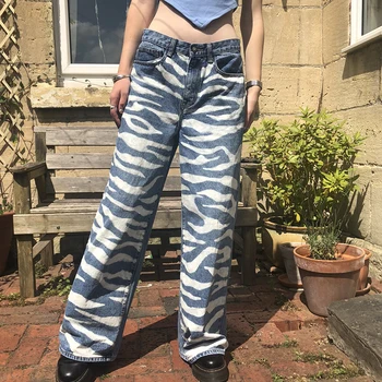 Zebra Proge Tiskanja Ženske Jeans E-dekle 90. Letnika Visoke Pasu Traper Hlače Svoboden Moda Tovora Naravnost Hlače Hip Hop Obrabe