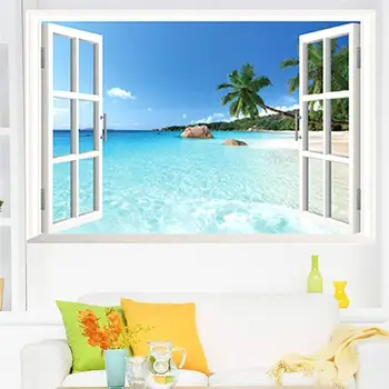 Ustvarjalne vinilna 3D Lažno Okno Plaži Morje Ozadju Izmenljive Zidana Stenske Nalepke za dnevno Sobo Doma Dekor