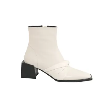 MORAZORA 2020 Pravega usnja čevlji dame čevlji debele pete kvadratni toe barva gleženj škornji za žensko črno beli riž