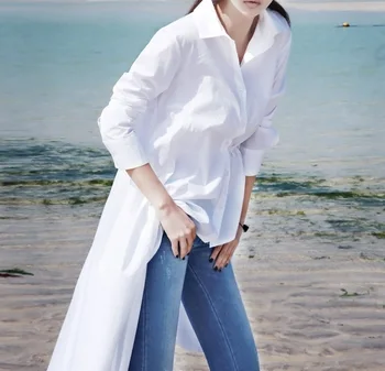 ASYMSAY 2017 korejskem Slogu Nezakonitih Dolgo Majico Bluzo Moda Belo Črn Svoboden Coattail Robom Fit Trdna Ženske Vrhovi AZ9350