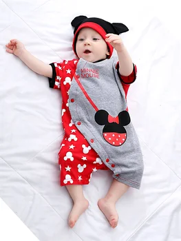 Poletje Novorojenega Otroka, Kratek Rokav, igralne obleke+Klobuk 2Pcs Nastavite Risanka Mickey Minnie Fantje Dekle Jumpsuit za Malčke Kostum Otroška Oblačila Obleke