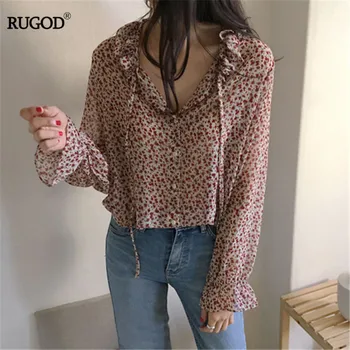 RUGOD novo vintage cvetlični bluzo ženske modni čipke-up v vratu flare rokav šifon bluzo priložnostne 2020 pomlad poletje majica vrhovi