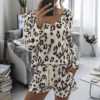 Krog vratu sleepwear pižamo ženske indoor svoboden poletni lounge obrabe nightgowns sleepshirts novo leopard tiskanja ženski pajama set