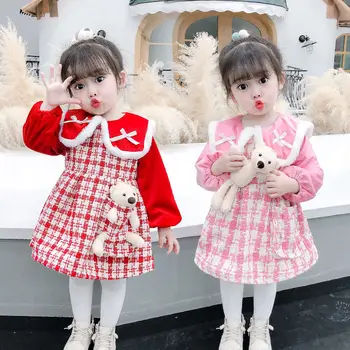 2020 Baby Dekle Kariran Pozimi Obleko Z Srčkan Nosi Žamet Toplo, Dekleta, Otroci Princesa Obleke Otrok Vestidos Rojstni Dan Oblačila