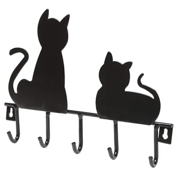 Risanka Black Cat Obešalnik Imetnik Kovinski Ključ Rack Obešalniki Domov 5 Nameščena Dekor Dekorativne Stenske Kljuke Železa Plašč