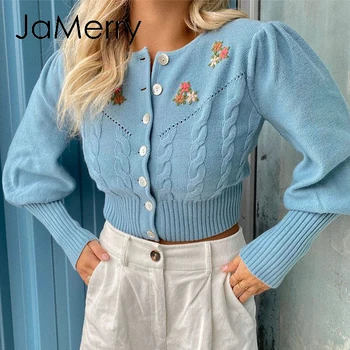 JaMerry Vzročno modra jesen zima kratke ženske jopico Elegantno cvet split puff sleeve jopica Modni ženski pleteni pulover