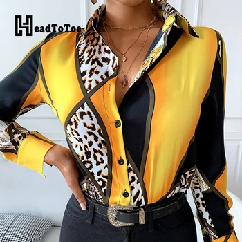 Leopard Mozaik Tiskanja Vintage Moda Ženske Majice Dolg Rokav Znižuj Ovratnik Slim Zgornji Deli Oblacil Ženske