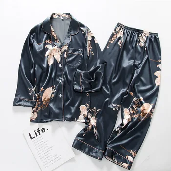 Fiklyc perilo cvet natisnjeni M L XL XXL 4 velikost izbiro ženske saten pižamo določa jeseni poceni sleepwear dolge hlače NOVO obleko