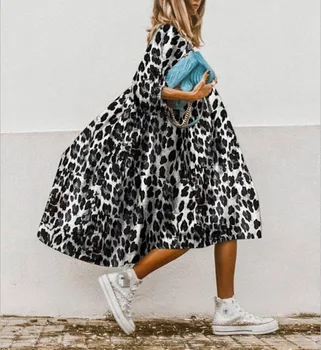 Ženske Long Sleeve Vintage Obleko Leopard Tiskanih Obleke 2021 Priložnostne O Vratu Dolg Rokav Haljo Bohemian Vestidos Femme