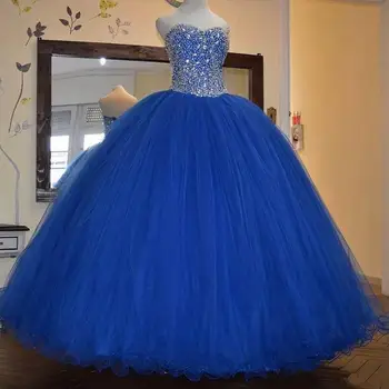 Peneče Kraljevsko Modra Žoga Obleke Večer Formalnih Obleke Beaded Kristali Sweet 16 Obleko Zvečer Obrabe vestidos de 15 años