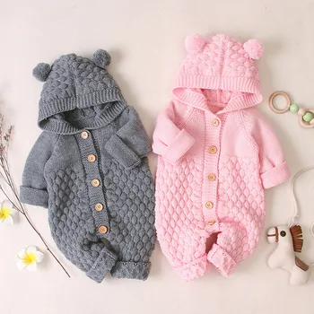 2019 Toplo Newborn Baby Dekleta Fantje Debele igralne obleke, Pletene Trdna Long Sleeve Hooded beloprsi Singl Jumpsuits 0-24M