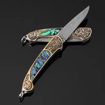 KKWOLF Damask jekla, Zložljiv nož Prenosni Žepni nož za Kampiranje preživetje Taktično noži pisane Abalone lupini ročaj EOS
