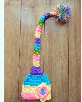 Brezplačna dostava, Nove Crochet Baby Pixie Elf Klobuk & cvetje Kape Božič Dolgim Repom klobuk , Newborn Baby Foto rekviziti velikost:0-1m,3-4m