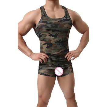 Novetly Moške Vojaške Slog Maskirnim Tiskanja Mišice Bodybuilding Telovnik Vrhovi Tank in Modne Boxer Seksi Kopalke, kratke Hlače