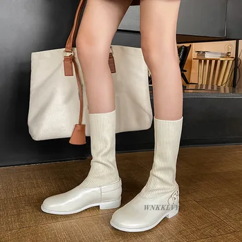 Novo Pleteno, stretch sredi tele Škornje, Ženske nizke Pete pasu dekor mozaik Čevlji britanski stil, elastičen slim kratek čevlji