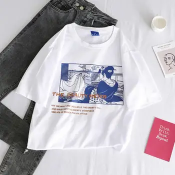 Poletne majice Ženske korejski Vse-ujemanje t-shirt tiskanje O-Vratu Harajuku Kratek rokav Dame priložnostne Ohlapno črno belo ulične vrh