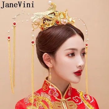 JaneVini Kitajski Slog Tassel Lase Pin Zlato Phoenix Biseri Poročne Krono Tradicionalno Poroko Headpieces Uhani Nevesta Glavo
