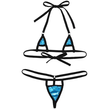 Ženske Seksi spodnje Perilo Bleščeče Kovinsko Mikro Mini Bikini Perilo Nastavite Povodcem Tie-na Trikotnik Bralette Modrc Top z G-String Tangice