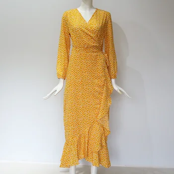 2020 Jesenske Počitnice ženske obleke pika tiskanje Proti-vrat visoko pasu čipke dolg rokav obleke temperament preprost vestidos em*
