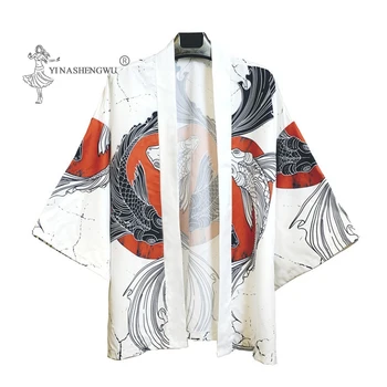 Yukata Japonski Slog Moških Kimono Krap Tiskanja Kostume Ženske Plašč Unisex Harajuku Samurai Japonske Tradicionalne Haori Jopico Oblačila